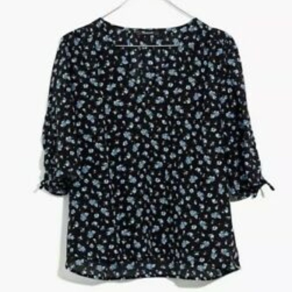 Madewell Silk Short Sleeve Black Floral Blouse